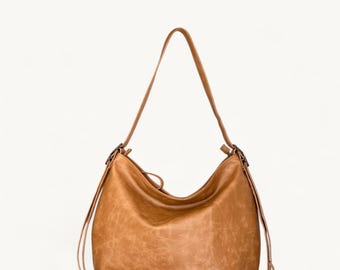 Tan Convertible Leather Hobo Bag – Large 3-in-1 Crossbody, Shoulder & Backpack | Soft Slouchy Shoulder Purse, Gift for Her, Laptop Bag