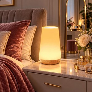 Może przedstawiać: Stożkowa lampa stołowa z gładkim, matowym białym kloszem, który emituje ciepłe, jasne światło. Lampa posiada podstawę z jasnego naturalnego drewna i stoi na marmurowym stoliku nocnym obok łóżka z poduszkami o aksamitnej fakturze.