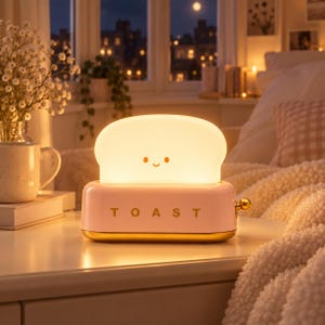 May include: A light pink toaster-shaped lamp with a glowing white bread slice insert featuring a simple smiling face. The base is gold-toned with the word TOAST printed in gold letters on the front and a small gold knob on the right side.
