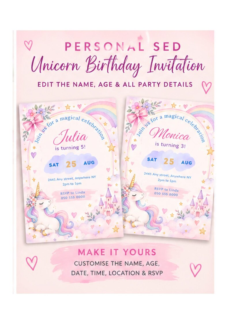 Editable Unicorn Birthday Invitation Template, Pastel Rainbow Party ...