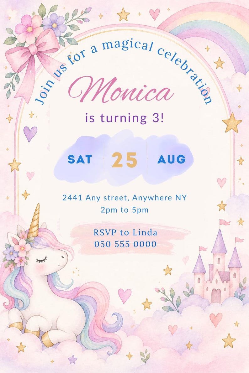 Editable Unicorn Birthday Invitation Template, Pastel Rainbow Party ...