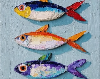 Pintura al óleo original de sardinas, arte pintado a mano, mini cuadro de pared con motivos marinos, decoración costera para comedor, arte de la vida marina, hecho a medida.