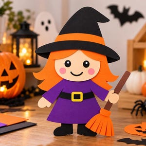 May include: A paper craft witch figure with orange hair, a black hat with an orange band, and a purple dress with a black belt and yellow buckle. The figure holds a brown broom with orange bristles and has pink cheeks and black shoes.