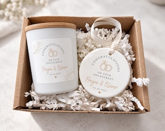 Personalised Candle & Ceramic Ornament Gift Set, Engagement Congratulations Present, Couple Keepsake