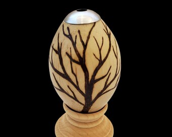 Tree Branches Woodburned Wooden Egg Kaleidoscope with Stand, Woodburned, Pyrography, Egg Art, Wooden Egg, Decorative Egg