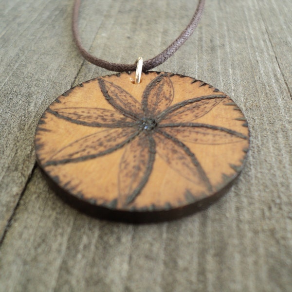 Flower Pinwheel Wood Woodburned Adjustable Necklace, wood jewelry, wooden pendant, wood necklace