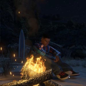 May include: A digital interface showing a menu with five New Character slots on the left, and a scene of a person sitting by a campfire at night. The person wears a plaid shirt and dark trousers, with a rainbow-coloured tent and surfboard nearby.