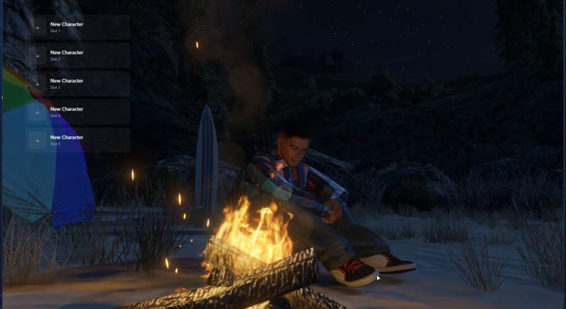 May include: A digital interface showing a menu with five New Character slots on the left, and a scene of a person sitting by a campfire at night. The person wears a plaid shirt and dark trousers, with a rainbow-coloured tent and surfboard nearby.