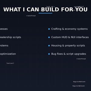 May include: A dark blue digital service menu titled WHAT I CAN BUILD FOR YOU, listing development services including jobs, gangs, businesses, vehicle scripts, inventory systems, anticheat, crafting, economy, custom HUD, housing, and bug fixes by AwajehLabs.