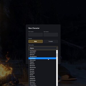 May include: A digital interface window titled New Character with input fields for first and last name, gender selection buttons, and a dropdown menu displaying a list of nationalities including Afghan, Azerbaijani, Bahamian, Bahraini, and Bangladeshi.