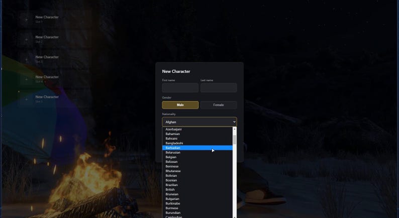 May include: A digital interface window titled New Character with input fields for first and last name, gender selection buttons, and a dropdown menu displaying a list of nationalities including Afghan, Azerbaijani, Bahamian, Bahraini, and Bangladeshi.