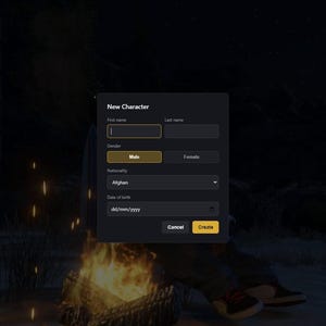 May include: A dark-themed digital interface window titled New Character featuring input fields for first name, last name, gender selection, nationality dropdown, and date of birth, with Cancel and Create buttons at the bottom right corner.