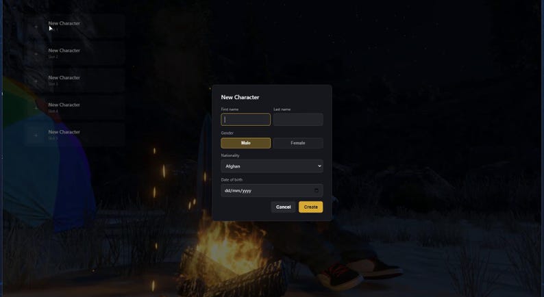May include: A dark-themed digital interface window titled New Character featuring input fields for first name, last name, gender selection, nationality dropdown, and date of birth, with Cancel and Create buttons at the bottom right corner.
