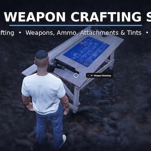 May include: A digital interface for a FiveM weapon crafting script featuring a workbench with a blue blueprint, weapon parts, and text overlays including FiveM WEAPON CRAFTING SCRIPT, Workbench Crafting, Weapons, Ammo, Attachments & Tints, QBCore / Qbox, and AwajehLabs.
