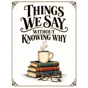 Könnte beinhalten: Ein rechteckiger Druck mit dem schwarzen Text THINGS WE SAY WITHOUT KNOWING WHY über einer Illustration einer dampfenden Tasse auf einem Stapel aus drei grünen, roten und blauen Büchern sowie einer braunen Lesebrille im Vordergrund.