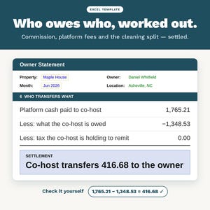 May include: An Excel template titled Who owes who, worked out. The document features an Owner Statement for Maple House in June 2026, detailing financial transactions including platform cash, co-host payments, and a final settlement of 416.68.