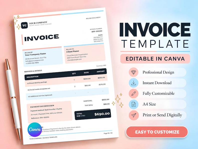 Simple Event Invoice Invoice Template, Editable Business Invoice for Small Business ...