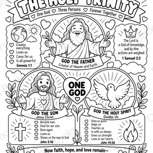 Peut inclure: Une page de coloriage en noir et blanc intitulée The Holy Trinity représentant Dieu le Père, Jésus-Christ et le Saint-Esprit sous forme de colombe. La page contient du texte, des cœurs, des nuages et des références bibliques comme Genèse 1:1.