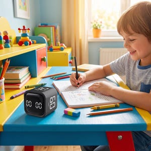 May include: A black cube-shaped digital timer with a rounded edge design, featuring a bright white LED display showing 00:00 on the front and 60 on the side, resting on a blue surface next to a notebook, colored pencils, and an eraser.