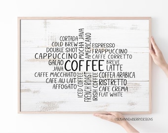 Kitchen Wall Art - Coffee Word Cloud with coffee types print or canvas coffee bar decor