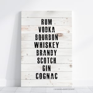 Arte mural en lienzo de estilo rústico: tipografía de licores, arte del vino, arte de bar, carta de licores, ron, vodka, whisky escocés, bourbon