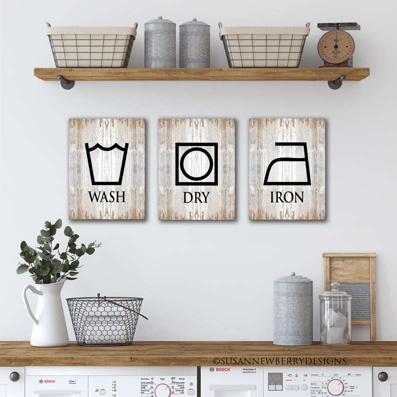 Wash Dry Iron Laundry Room Wall Art Set of Three Laundry Prints or Canvases Laundry Symbols Housewarming Gift for mom FH 14
