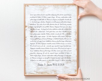 Wedding Vows or song lyrics on PRINT or CANVAS - Custom Wedding/ Anniversary Gift - Bedroom Décor - Gift for couple