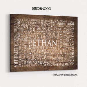 May include: A wooden wall art piece with the name "Ethan" in the center, surrounded by words like "Kind," "Loving," and "Supportive." The background is a brown, wood-grain texture, with the word "Birchwood" at the top.