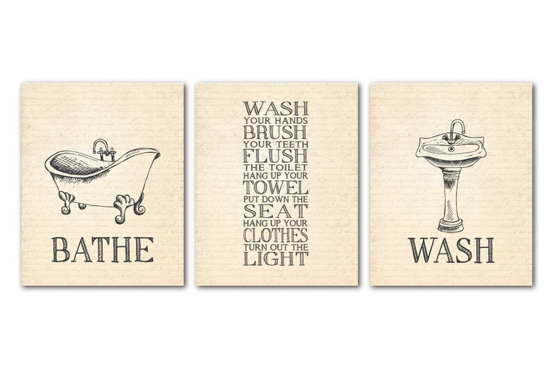 Vintage Bathroom Wall Art Trio Bathroom Rules Wall Decor Etsy
