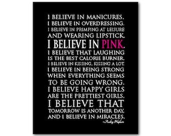 I believe in miracles I believe in pink - Happy girls Audrey Hepburn Quote - Typography Wall Art - inspirational PRINT or CANVAS - teen art