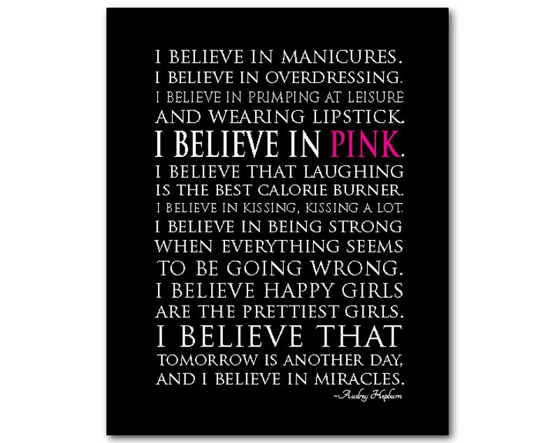 I believe in miracles I believe in pink Happy girls Audrey Hepburn Quote Typography Wall Art inspirational PRINT or CANVAS teen art image 1