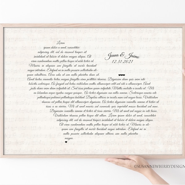 Your Wedding Vows or Song lyrics wall art in print or canvas - Anniversary, Wedding Gift - heart shaped Wedding present