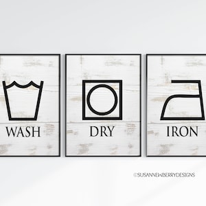 Wash Dry Iron Laundry Room Wall Art Set of Three Laundry Prints or Canvases Laundry Symbols Housewarming Gift for mom image 1