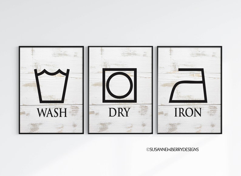 Wash Dry Iron Laundry Room Wall Art Set of Three Laundry Prints or Canvases Laundry Symbols Housewarming Gift for mom image 1