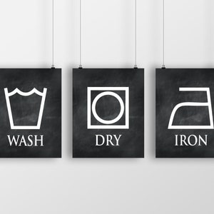 Wash Dry Iron Laundry Room Wall Art Set of Three Laundry Prints or Canvases Laundry Symbols Housewarming Gift for mom Dark Chalkboard