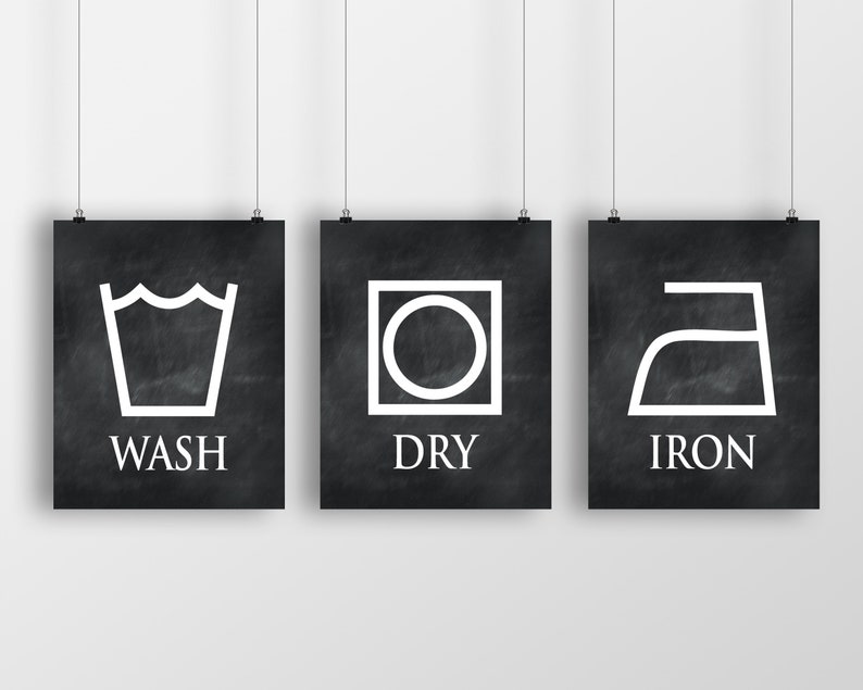 Wash Dry Iron Laundry Room Wall Art Set of Three Laundry Prints or Canvases Laundry Symbols Housewarming Gift for mom Dark Chalkboard