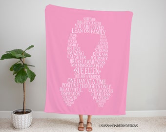 Custom Cancer Ribbon Word Cloud Blanket - Gift for Cancer Survivor - Breast Cancer Ribbon Blanket Minky or Sherpa