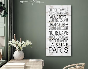 Può includere: Un cartello di legno bianco con testo nero che elenca i famosi monumenti di Parigi, tra cui la Torre Eiffel e il Museo del Louvre. Il cartello ha un aspetto invecchiato e rustico, montato su una parete verde.