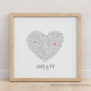 Custom Heart Shaped Word Cloud Print or Canvas Wall Art - Personalized Wedding Art - Custom Anniversary - Birthday - Graduation Gift