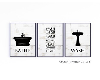 Bathroom Wall Art - Bathroom Rules - Bathe Wash Flush Typography Art PRINT or CANVAS Trio - Vintage Bathroom Wall Decor - you choose colors