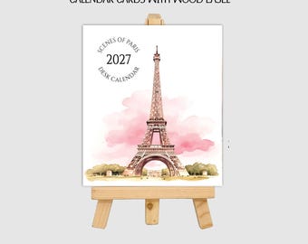 2027 Scenes of Paris Watercolor Desk Calendar - 13 Month French Calendar - Jewel Case, Wood Easel
