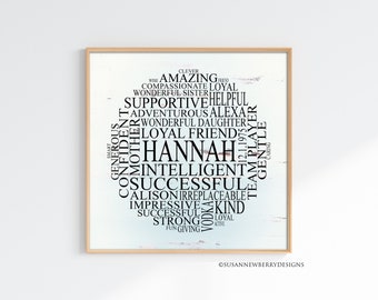 Custom Word Cloud Circle PRINT or CANVAS - Name Typography - Birthday - Graduation - Retirement - Friendship - New Baby