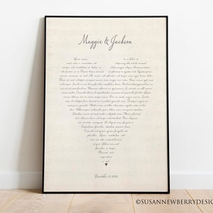 Calligraphy Wedding Vows or Song Lyrics Wall Art -  Custom Anniversary gift for her or him in print or canvas