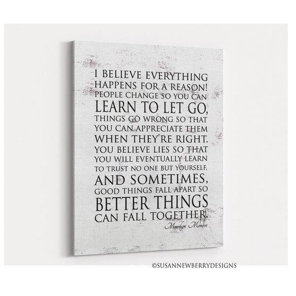 I believe everything happens for a reason Marilyn Monroe Quote - Inspirational Canvas Wall Decor