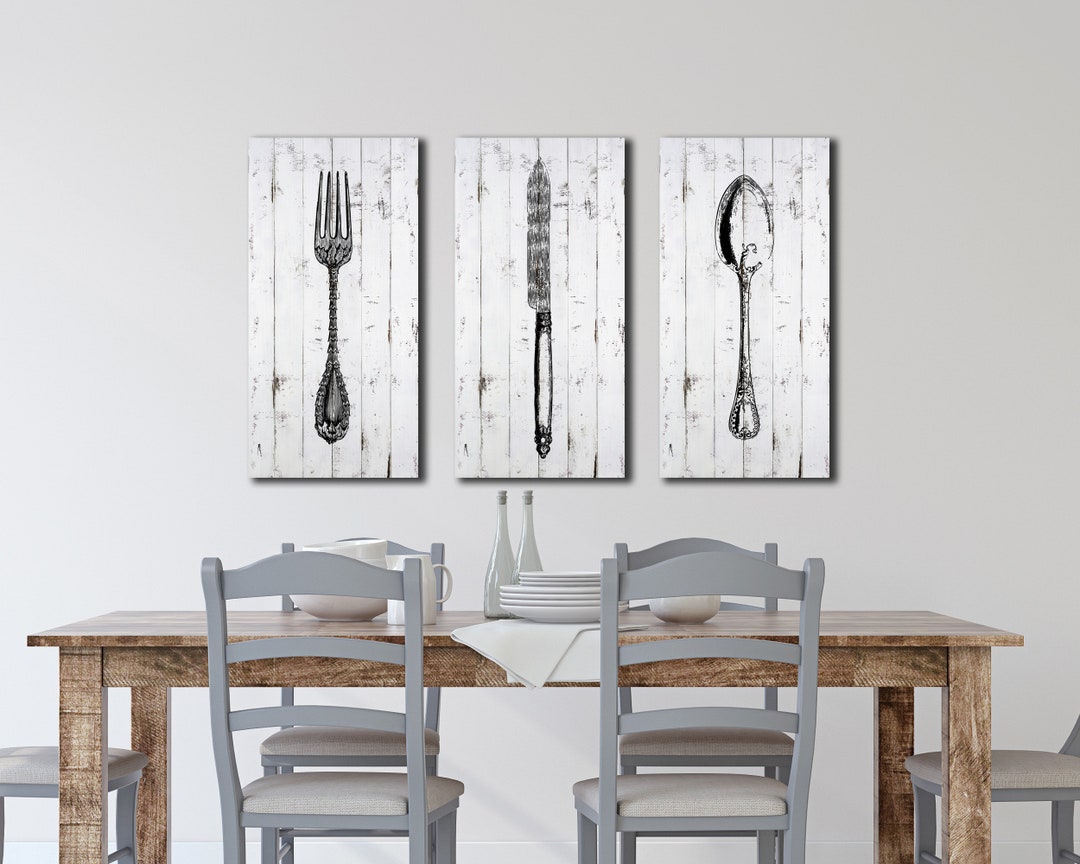 Farmhouse CANVAS Trio Kitchen Wall Art Knife Fork Spoon Housewarming