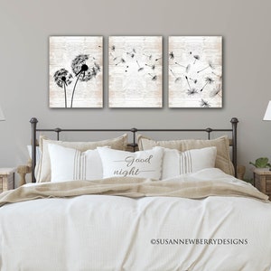 Dandelion Trio Wall Decor -Triptych canvas art -Foyer Room Decor -Set of three PRINTS or CANVASES- Farmhouse Style Decor