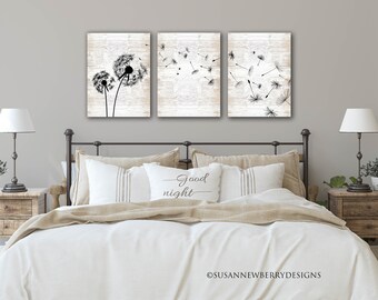 Dandelion Triptych Wall Art: Farmhouse Style Prints or Canvases