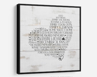 Custom Tilted Heart Word Cloud Print Canvas or Wood - Perfect for weddings, anniversaries, and birthdays