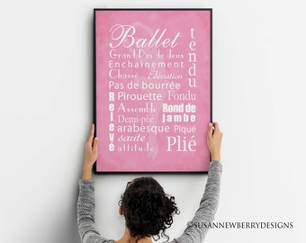 Dance Wall Art - Ballet Terms PRINT OR CANVAS - Teen Tween Girl's Room Décor - Word Art Ballet Shoe Silhouette -Pointe