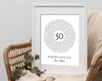 50 Reasons We/I Love You Circle Art in Print or Canvas Wall Art